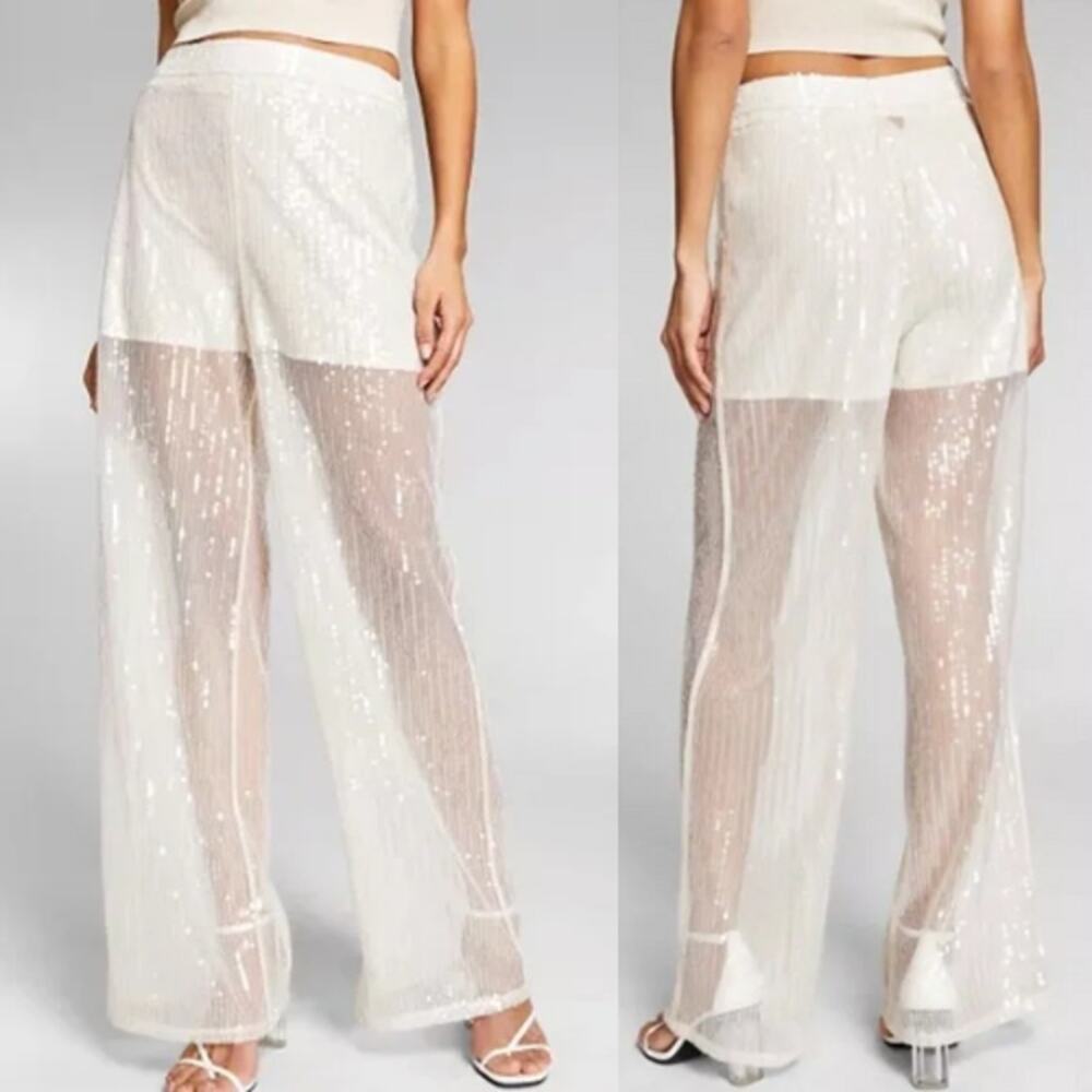 NWT Jeannie Mai‎ X INC Womens Disco Party Sheer Wide Leg Sequin Pants 18W Ivory